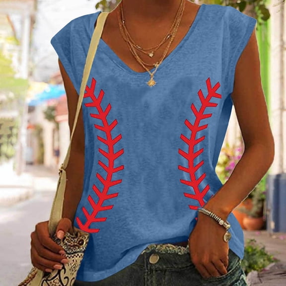 DailyTrove Women's Baseball Stitch Print Sleeveless Tank - Casual V-Neck Top, Sporty for Games & Outings