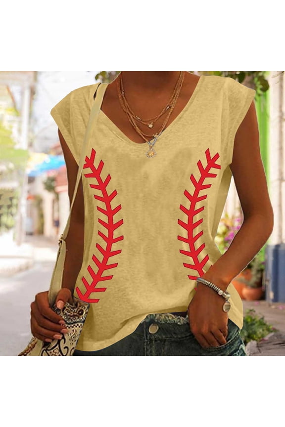 Women's Baseball Stitch Print Sleeveless Tank - Casual V-Neck Top, Sporty for Games & Outings