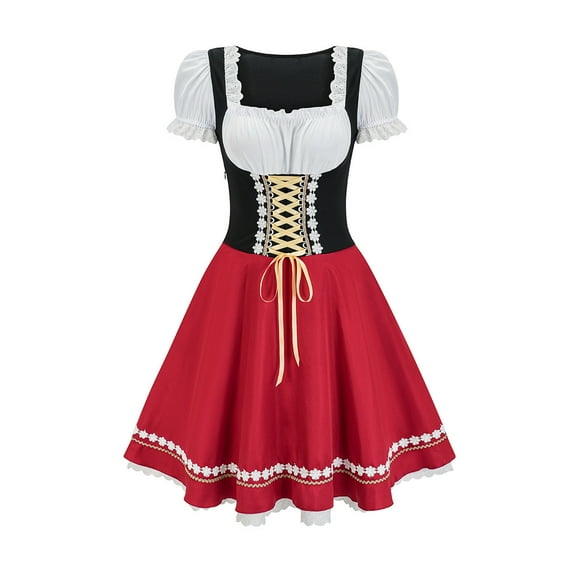 DailyTrove Women's Bavarian Dirndl Dress-Short Sleeve-Traditional-Cotton Blend-for Oktoberfest/Theme Event-Complete Dirndl Set