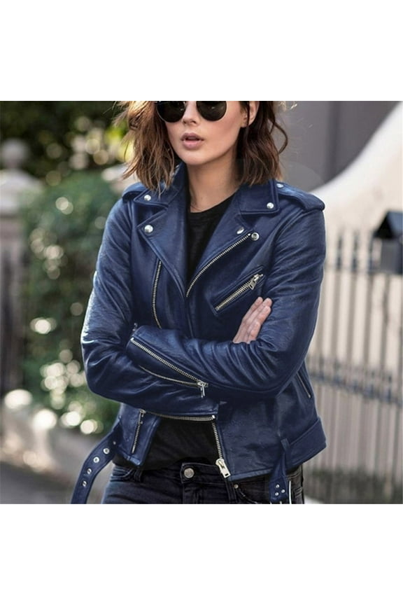 Women's Faux Leather Moto Jacket, Long Sleeve Edgy Outerwear for Winter Street Style & Night Outings