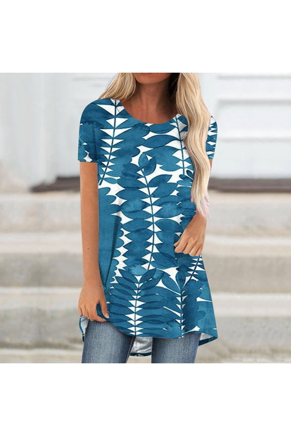 Women's Blue Abstract Wave Print Short Sleeve Tunic - Casual Loose Top, Oceanic for Beach Vacations & Daily
