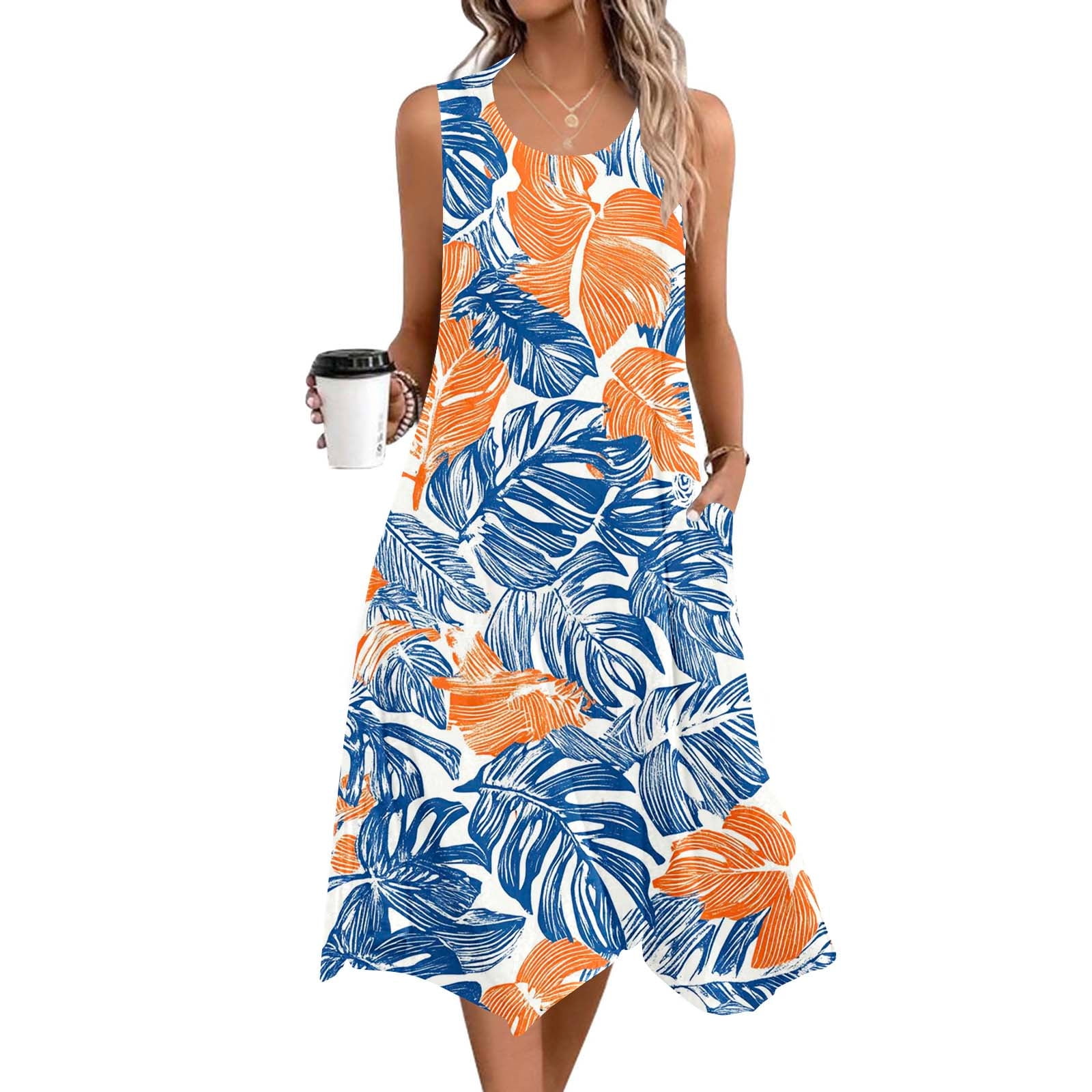 knee length dresses for ladies Y2K Floral Blue & Orange Ruffled Midi Dress - Casual - Everyday - Summer main image 1
