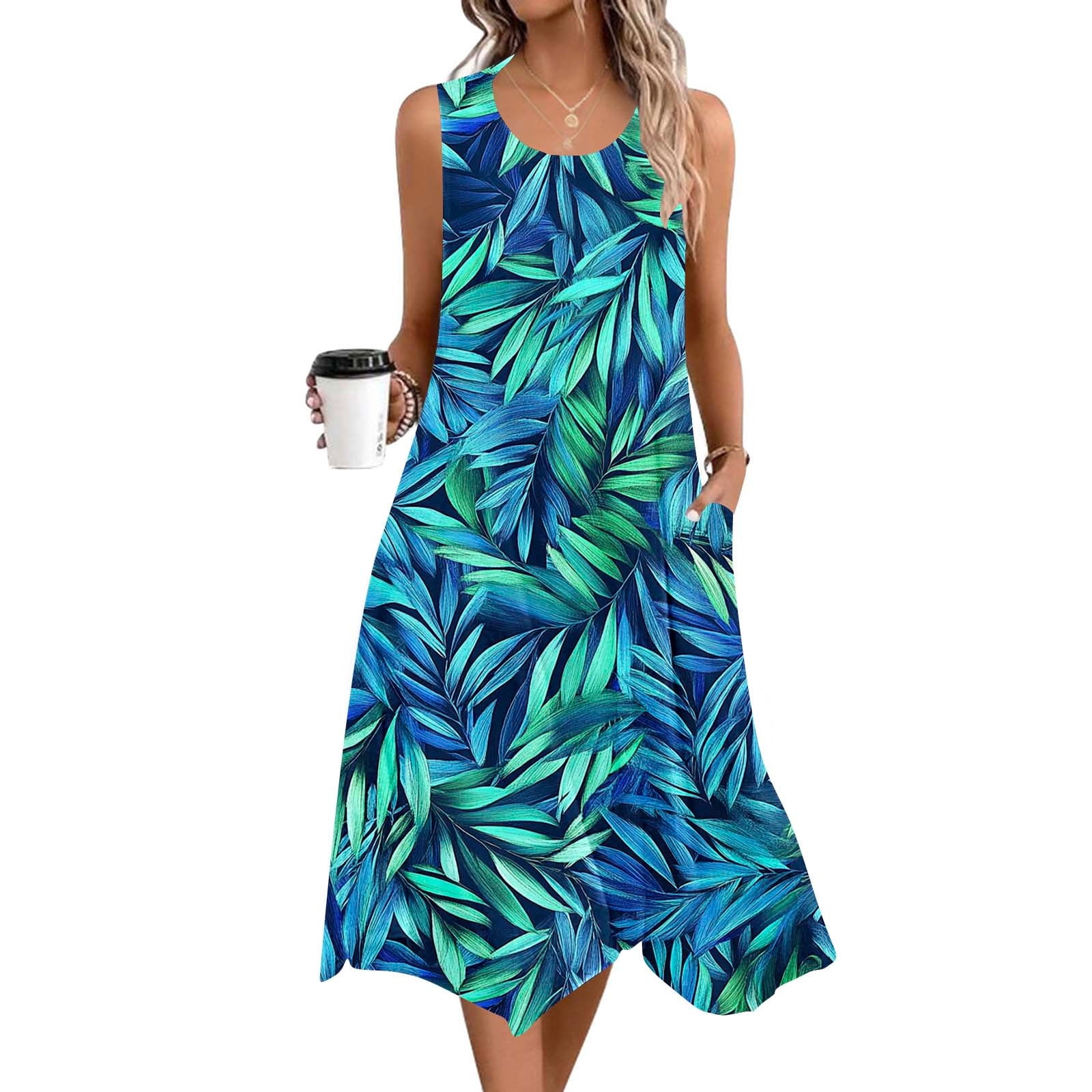 palm print beach dress Women's Palm Leaf Print Beach Dress with Racer Back L/XL / YELLOW