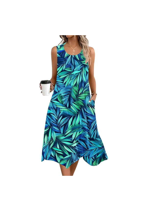 Women's Palm Leaf Print Sleeveless Dress, Tropical Outerwear for Summer Beach Vacations Poolside Lounging