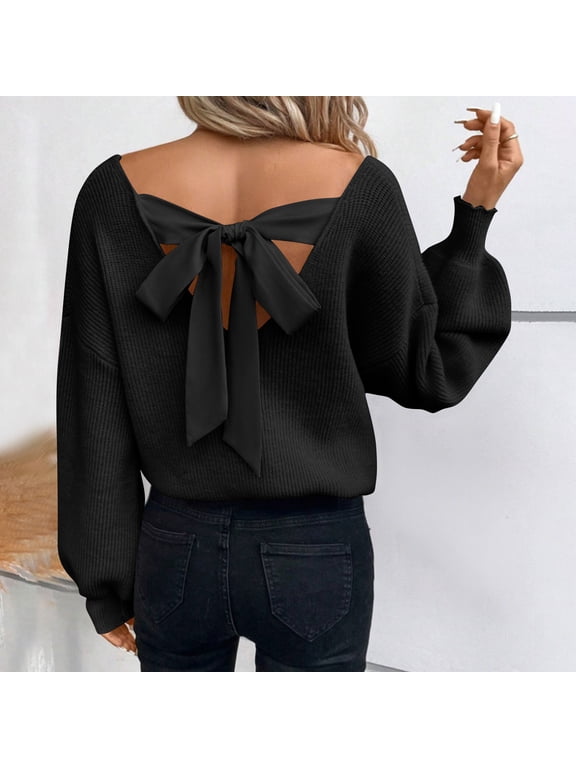 Women's Bow-Back V-Neck Sweater, Long Sleeve, Casual Night Out & Party Wear, Soft Wool Blend, Plus Size Friendly