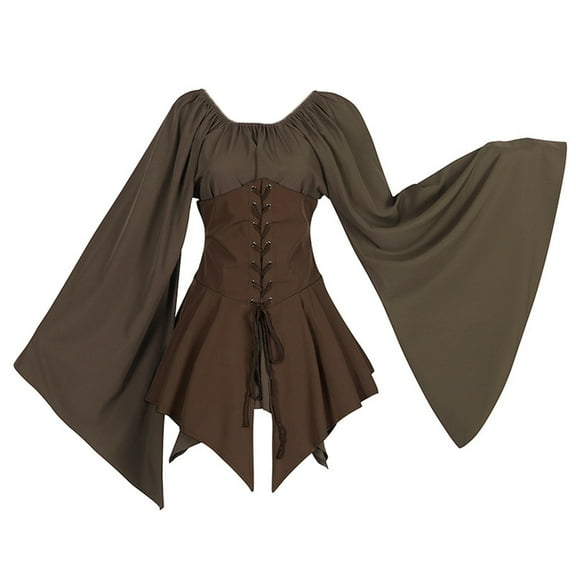DailyTrove Women's Brown Medieval Lace-Up Bell Sleeve Top - Polyester Vintage Festival Wear, for Renaissance Fairs for women