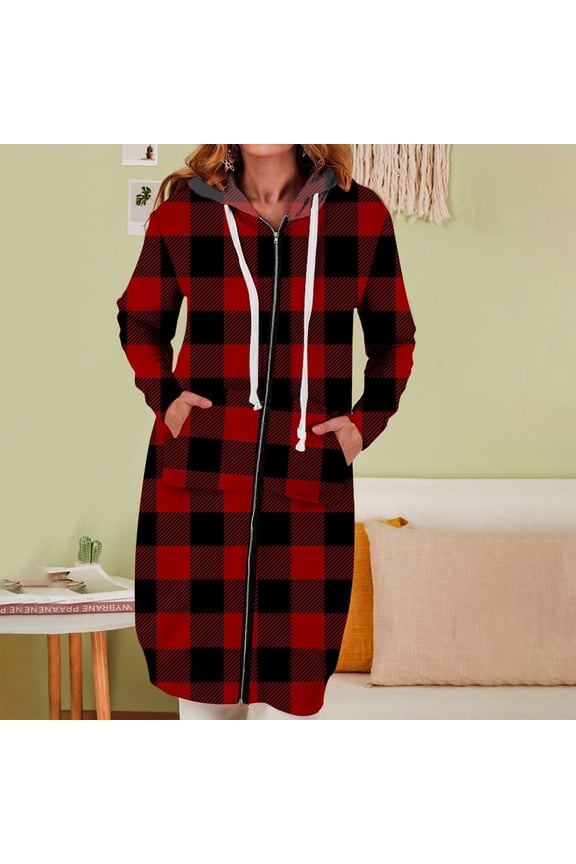 Women's Buffalo Plaid Hooded Dress - Polyester Casual & Winter Wear, Cozy for Lounge & Gatherings