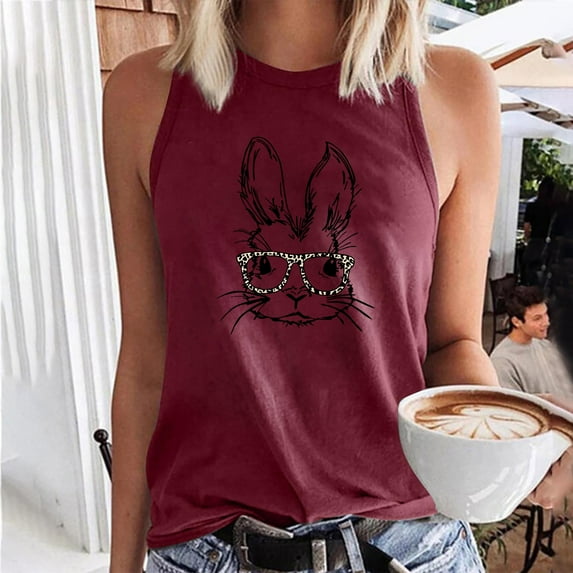 DailyTrove Women's Bunny Ear Graphic Tank Top - Cotton-Blend Casual Summer & Daily Wear, Cute for Outings