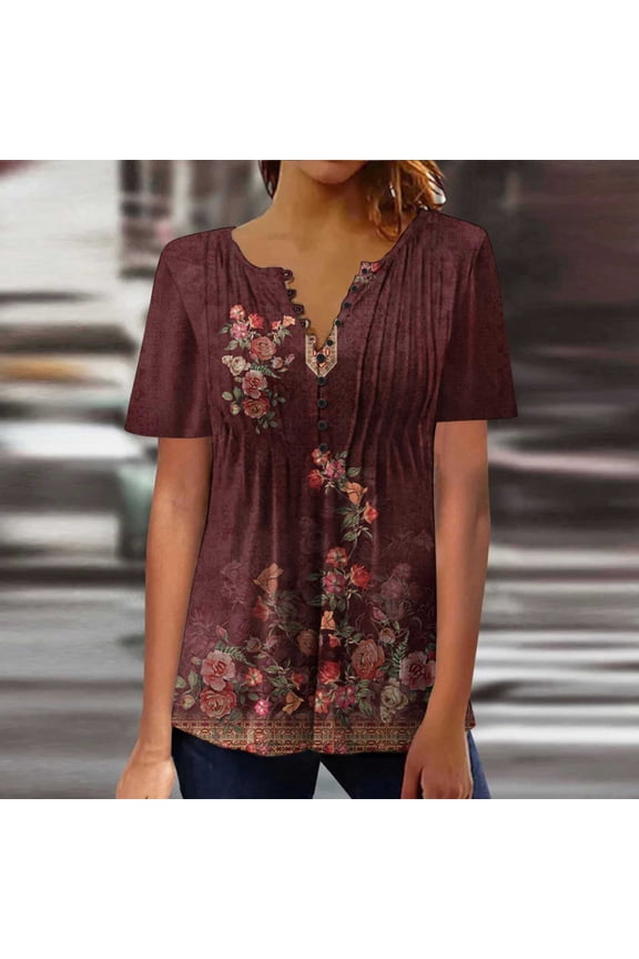 Women's Burgundy Floral Embroidered Peasant Top - Short Sleeve Casual Blouse, Vintage for Events & Daily