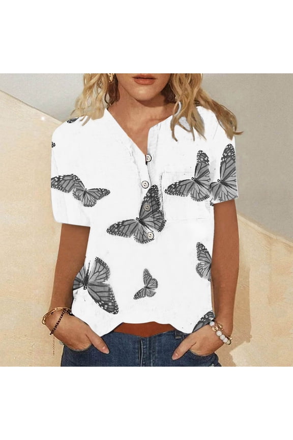 Women's Butterfly Print Short Sleeve Blouse - Casual Button-Front Top, Elegant for Work & Gatherings