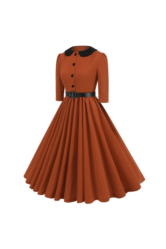 Women's Button-Front Swing Dress-Half-Sleeve-Fit & Flare-Cotton-for Retro Event/Office-Classic Button Detail