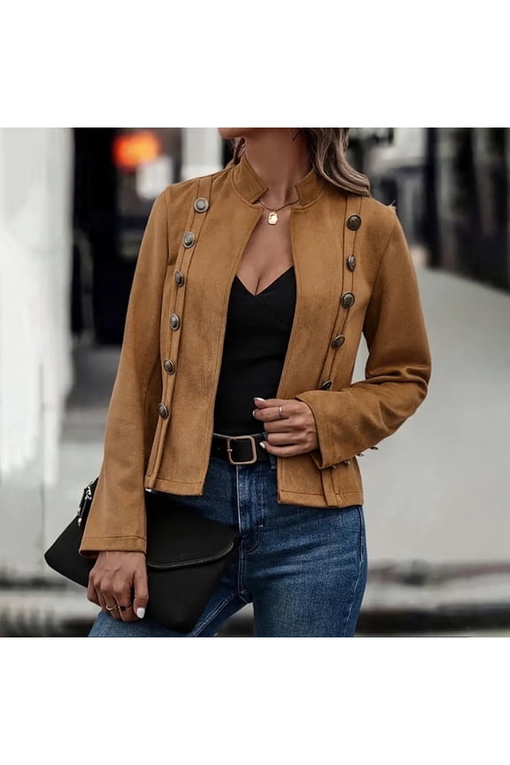 Women's Button-Trimmed Short Jacket, Long Sleeve, Casual Night Out & Festival Wear, Durable Polyester Blend, Slim Fit, Plus Size Friendly