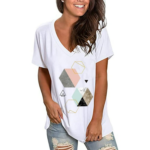 DailyTrove Women's Cartoon Graphic V-Neck Tee - Casual Short Sleeve T-Shirt, Cute for Daily & Errands