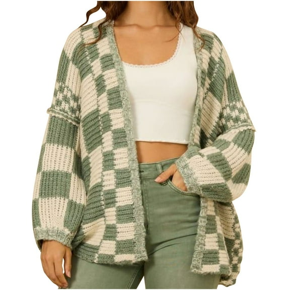 DailyTrove Women's Checkered Open Front Cardigan - Polyester Casual & Layering Wear, Chic for Daily & Styling