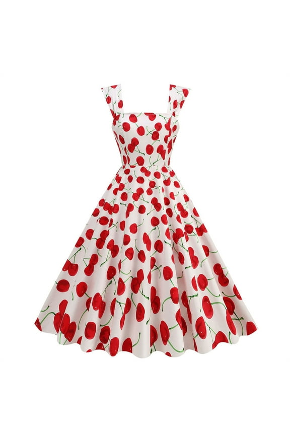 Women's Cherry Print Swing Dress-Sleeveless-Fit & Flare-Cotton-for Summer Party/Retro Outing-Playful Cherry Pattern