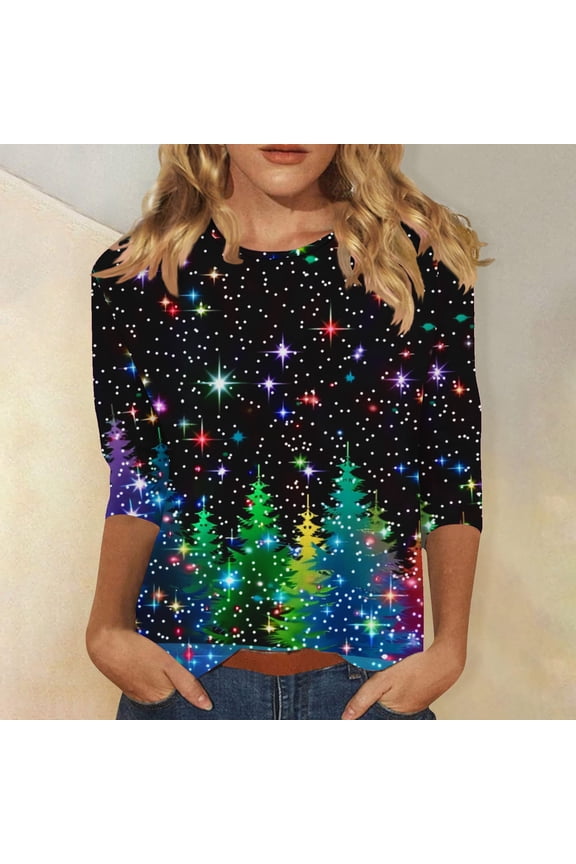 Women's Christmas 3/4 Sleeve Top, Gradient Light - Up Christmas Tree Print, Magical Fit, Soft Material, Christmas Events & Daily Casual