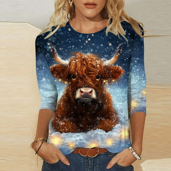 DailyTrove Women's Christmas Long Sleeve Top, Colorful Owl in Santa Hat Print, Fashionable Fit, Lightweight Fabric, Christmas Celebrations & Casual Outings