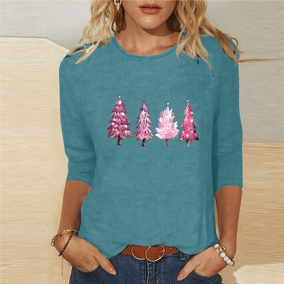 DailyTrove Women's Christmas Long Sleeve Top, Minimalist Colorful Tree Line Print, Trendy Fit, Lightweight Fabric, Christmas Celebrations & Casual Outings
