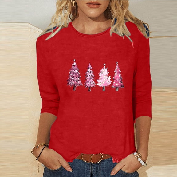 DailyTrove Women's Christmas Long Sleeve Top, Minimalist Colorful Tree Line Print, Trendy Fit, Lightweight Fabric, Christmas Celebrations & Casual Outings