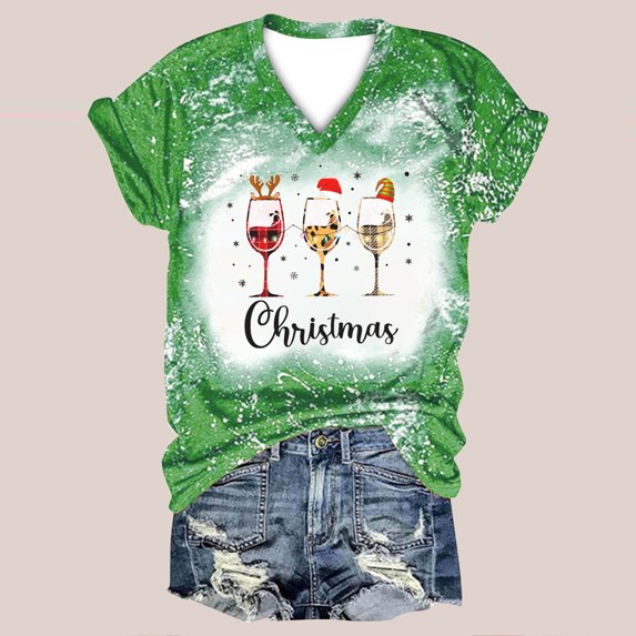 DailyTrove Women's Christmas Wine Glass Print V-Neck Short Sleeve T-Shirt - Multi-Color Options, Festival & Casual Daily Outerwear