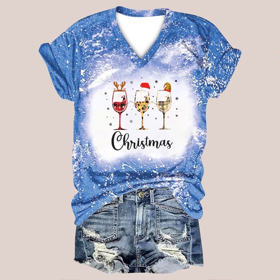 DailyTrove Women's Christmas Wine Glass Print V-Neck Short Sleeve T-Shirt - Multi-Color Options, Festival & Casual Daily Outerwear