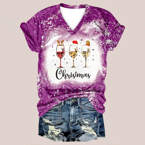 DailyTrove Women's Christmas Wine Glass Print V-Neck Short Sleeve T-Shirt - Multi-Color Options, Festival & Casual Daily Outerwear