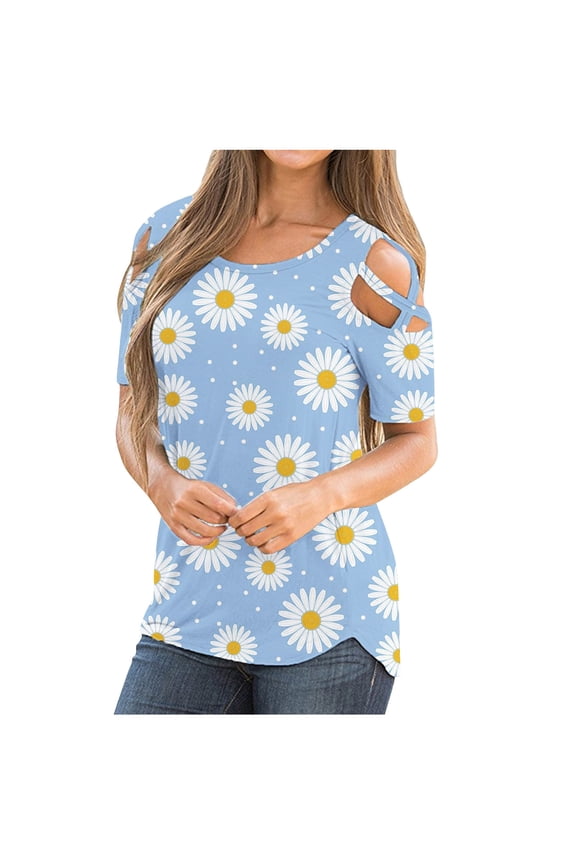 Women's Cold-Shoulder Daisy Print Top - 3/4 Sleeve Casual Blouse, Playful for Picnics & Events