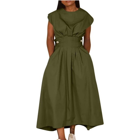 DailyTrove Women's Collared Tie-Waist Midi Dress - Cotton-Blend Casual & Office Wear, Classic for Work & Outings