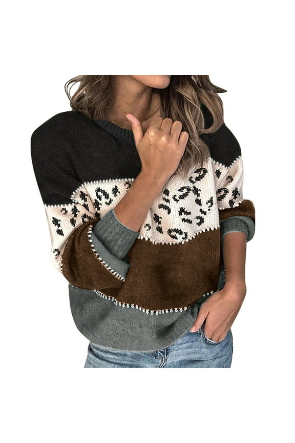 Women's Color-Block Leopard Print Top, Long Sleeve, Casual Festival & Street Wear, Soft Polyester Blend, Plus Size Friendly