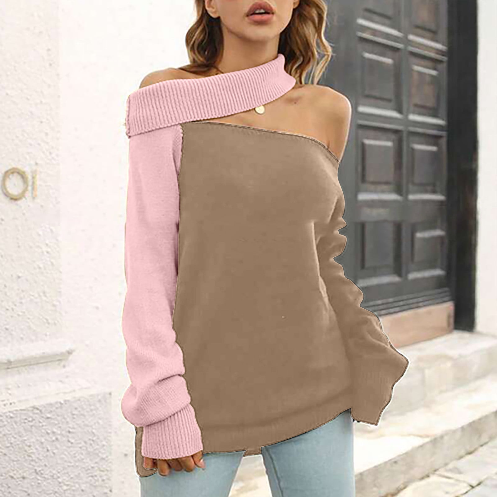 Color Block Off-Shoulder Long Sleeve Sweater