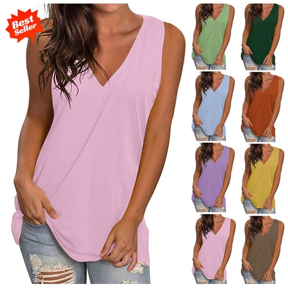 DailyTrove Women's Colorful V Neck Tank Top, Sleeveless Casual Loose Fit Blouse