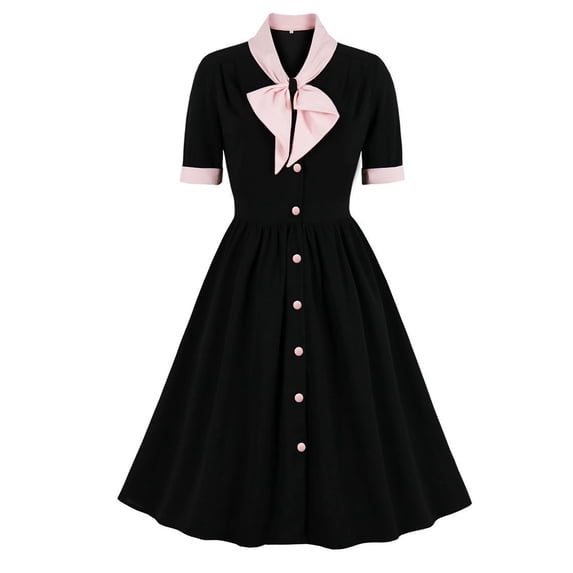 DailyTrove Women's Contrast Collar Dress-Short Sleeve-Fit & Flare-Polyester-for Retro Event/Work-Classic Contrast Design