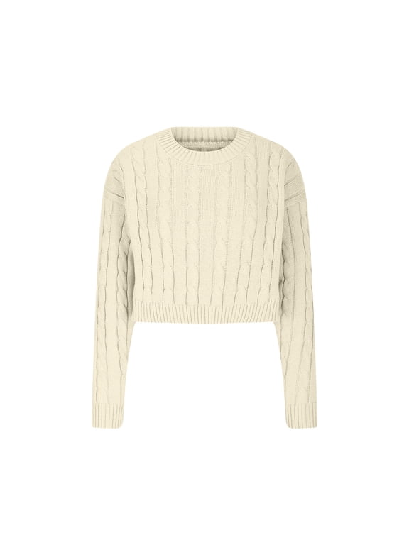 Women's Cropped Knit Sweater, Long Sleeve, Casual Beach & Festival Wear, Lightweight Cotton Blend, Relaxed Fit, Plus Size Friendly