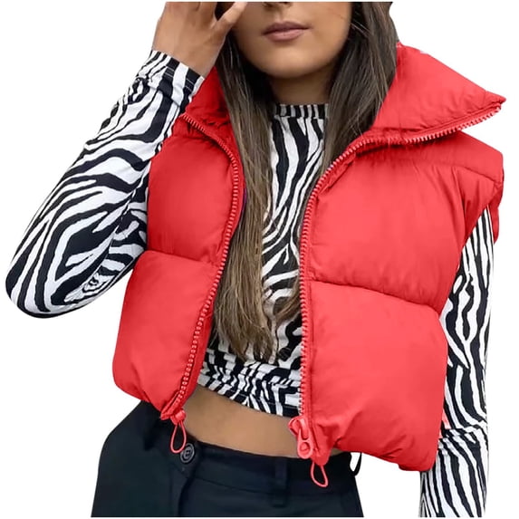 DailyTrove Women's Cropped Puffer Vest - Polyester Casual & Winter Wear, Warm for Daily & Outdoor Outings