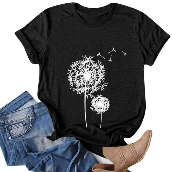 DailyTrove Women's Dandelion Graphic Short Sleeve T-Shirt - Casual Fitted Tee, Whimsical for Daily & Gifting