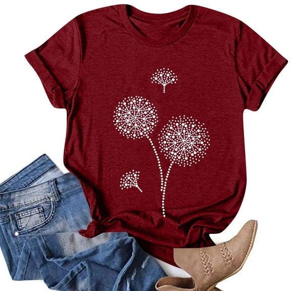 DailyTrove Women's Dandelion Graphic Tie-Dye Short Sleeve T-Shirt - Casual Loose Tee, Dreamy for Spring & Gatherings