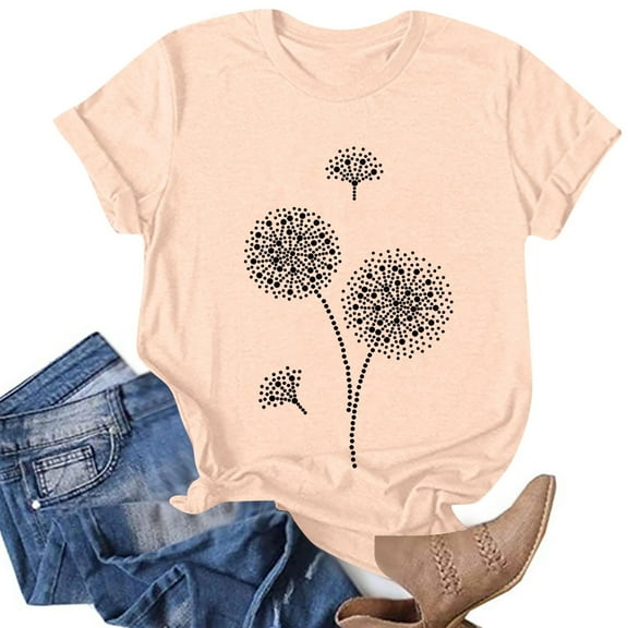 DailyTrove Women's Dandelion Graphic Tie-Dye Short Sleeve T-Shirt - Casual Loose Tee, Dreamy for Spring & Gatherings