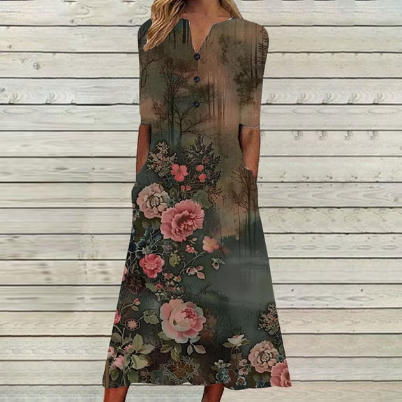 DailyTrove Women's Dark Tone Floral Print Midi Dress, Elegant Outerwear for Summer Evening Events Creative Styling