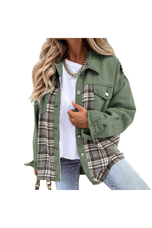 Women's Denim & Plaid Patchwork Jacket, Edgy Outerwear for Summer Music Festivals & Creative Styling for women