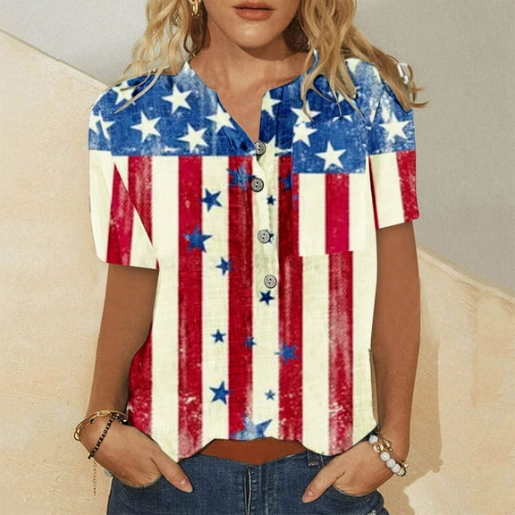 DailyTrove Women's Distressed American Flag Print Short Sleeve Top - Casual Loose Blouse, Patriotic for 4th of July & Events