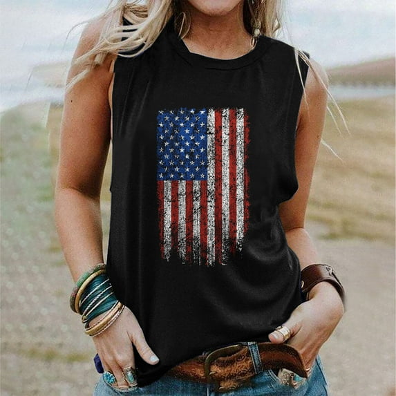 DailyTrove Women's Distressed American Flag Tank Top - Polyester Patriotic & Casual Wear, Edgy for July 4th Celebrations