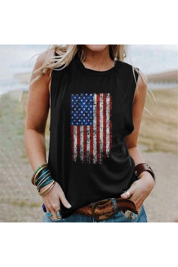 Women's Distressed American Flag Tank Top - Polyester Patriotic & Casual Wear, Edgy for July 4th Celebrations