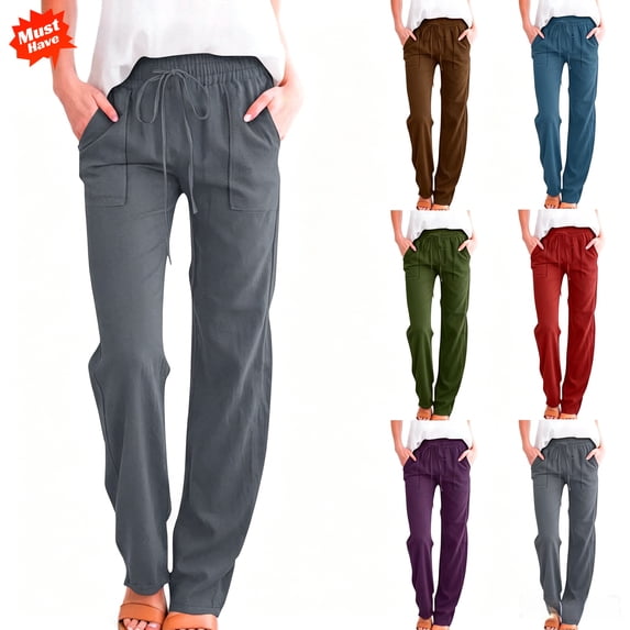 DailyTrove Women's Drawstring Elastic Waist Pants, Casual Straight Leg Trousers with Pockets