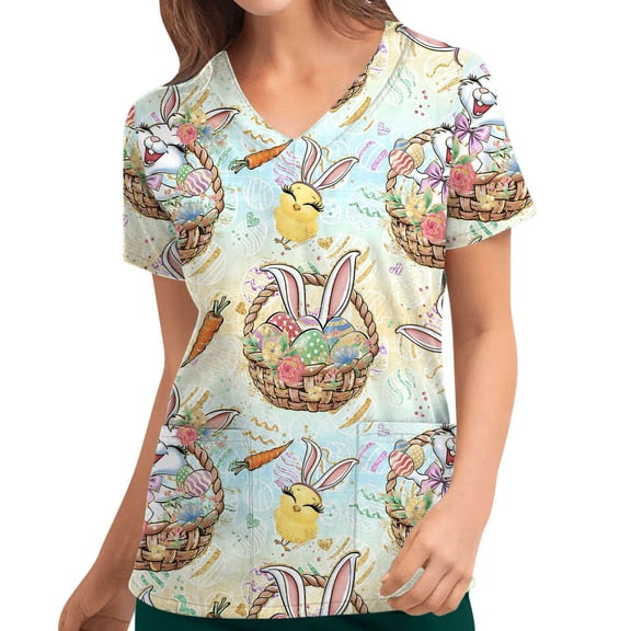 DailyTrove Women's Easter Egg Print V-Neck Short Sleeve Top - Multi-Color Options, Festival & Casual Daily Outerwear