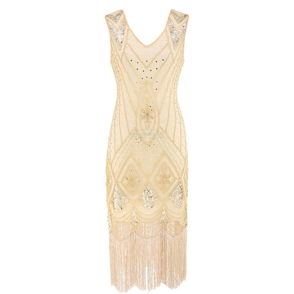 DailyTrove Women's Embroidered Fringe Dress-Sleeveless-Midi-Polyester-for Retro Event/Cocktail Party-Intricate Embroidery