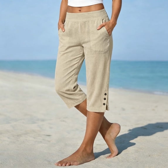 DailyTrove Women's Embroidered Hem Capri Pants, Button-Front Casual Summer Trousers