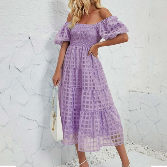 DailyTrove Women's Eyelet A-Line Dress-Short Flutter Sleeve-Crew Neck-Cotton-for Garden Party/Summer Outing-Feminine Detail