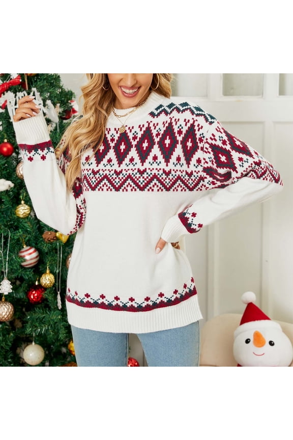 Women's Fair Isle Knit Sweater, Long Sleeve, Winter Casual & Office Wear, Warm Wool Blend, Plus Size Friendly