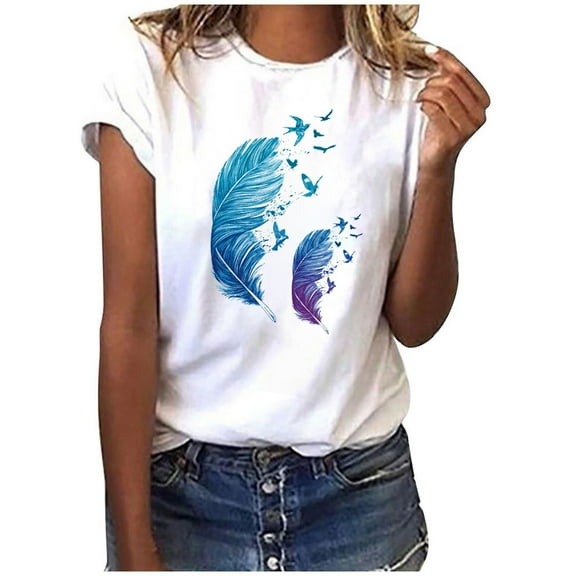 DailyTrove Women's Feather Graphic T-Shirt - Short Sleeve Casual Tee, Bohemian for Festivals & Outings