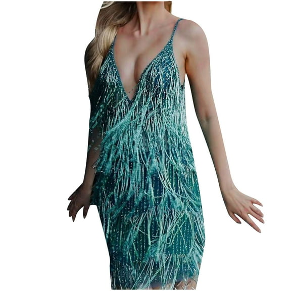 DailyTrove Women's Feather Trim Gown-Sleeveless-Floor-Length-For Nightclub-Green & White Plume